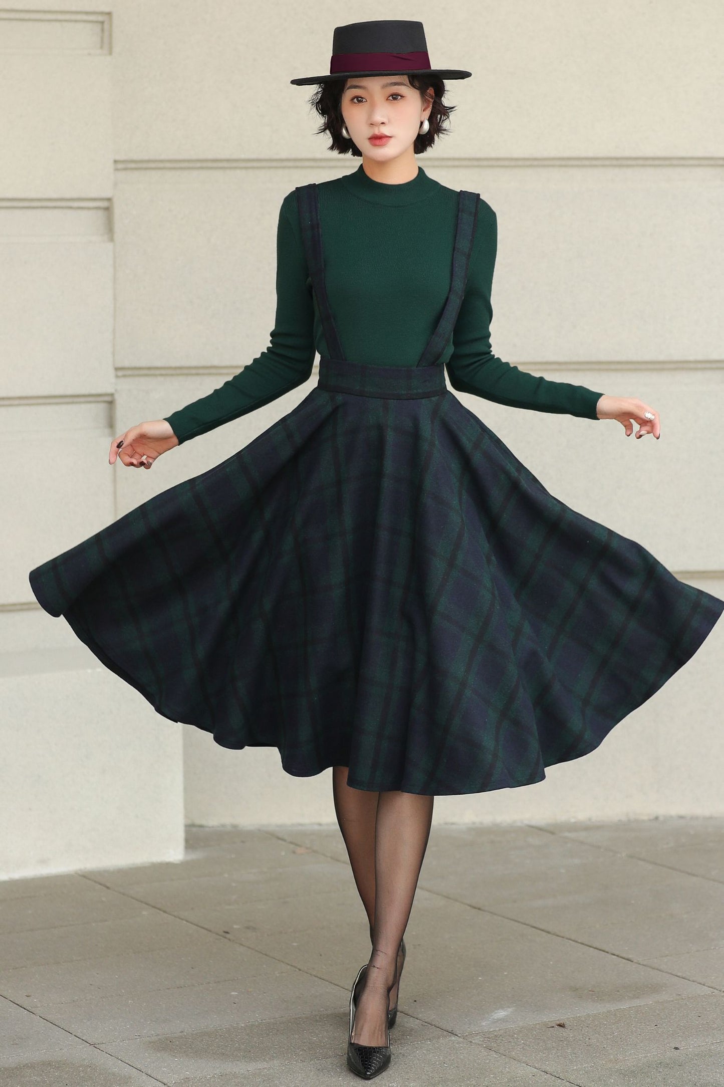 Knee length plaid winter wool skirt 6511
