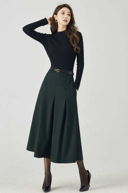 Dark Green Wool Midi Skirt – Vintage High Waist A-Line Winter Skirt with Pockets 4532