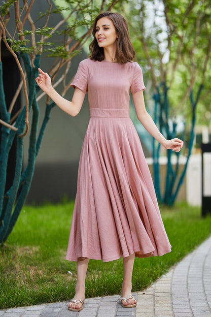 Pink Linen Midi Dress - Fit and Flare Swing with Boat Neckline 5824