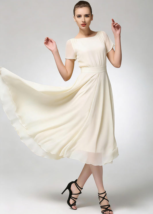 Beige Chiffon Midi Dress with Short Sleeves and Flowing Skirt | Xiaolizi 6782