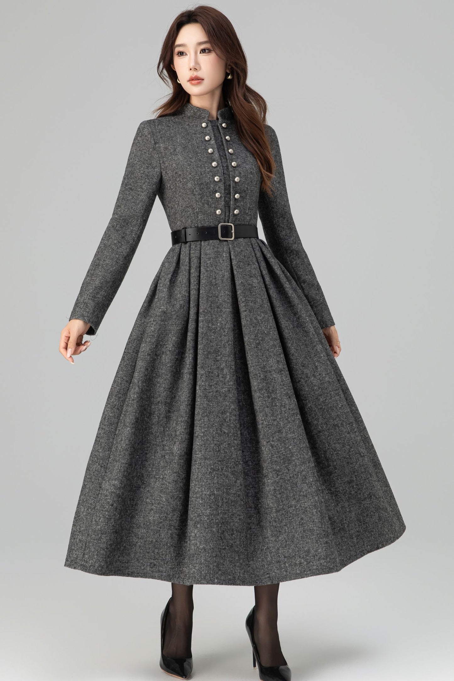 Long Sleeve Pleated Swing Wool Dress 6389