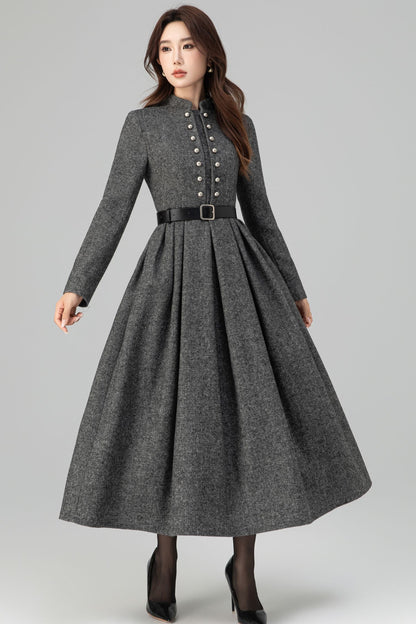 Long Sleeve Pleated Swing Wool Dress 6389