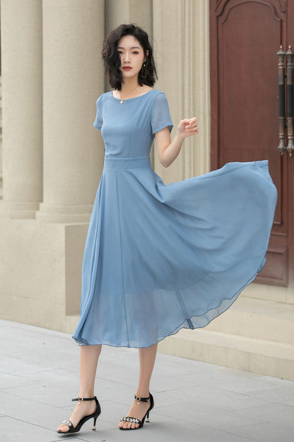 Blue Chiffon Midi Dress – Handmade Vintage Fit and Flare Swing Dress for Summer Weddings 5115