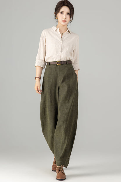 Army Green Linen Baggy Pants - Loose Fit, Ankle Length 5703