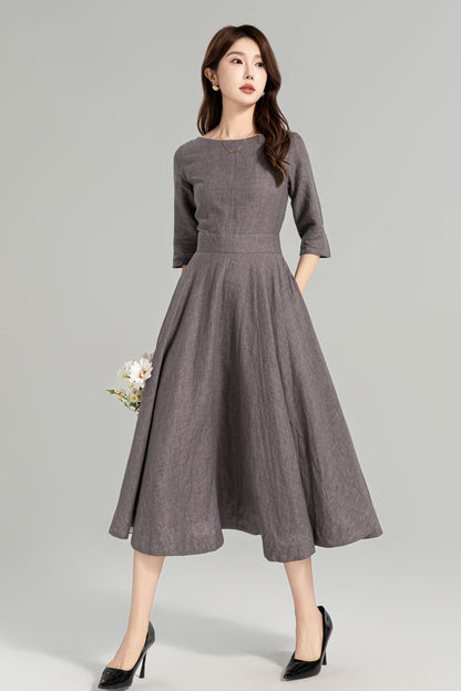 Taupe Grey Linen Swing Dress – Vintage Fit and Flare Midi Dress with Pockets 4961