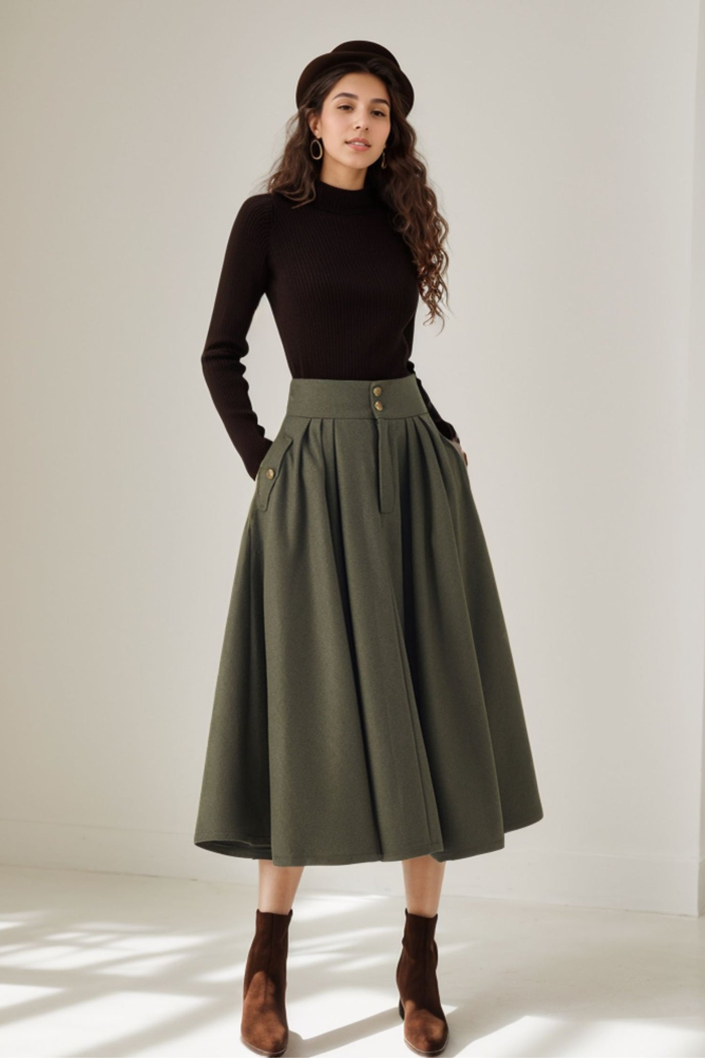 Army green swing winter wool skirt 5249