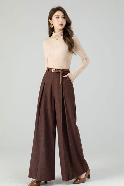 Brown wide leg long wool pants women 4554