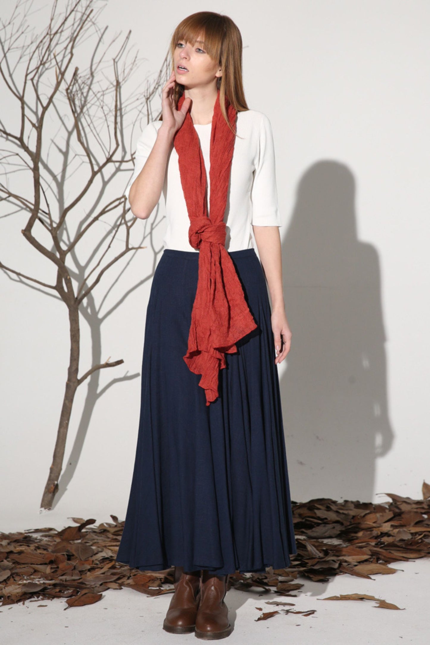 Dark blue linen skirt maxi women skirt 1156