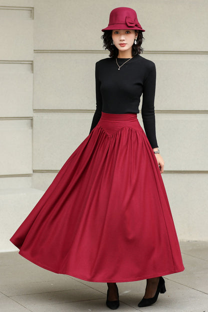 Burgundy Wool Maxi Skirt - Handmade High-Waisted Pleated 6420