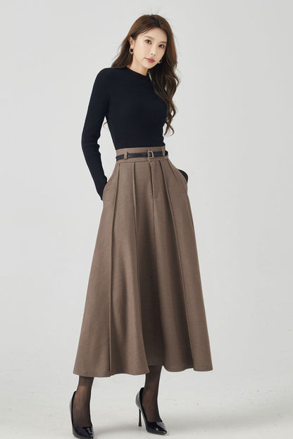 Handmade Wool Pleated Midi Skirt – High Waist Brown Winter Skirt | Xiaolizi 5250