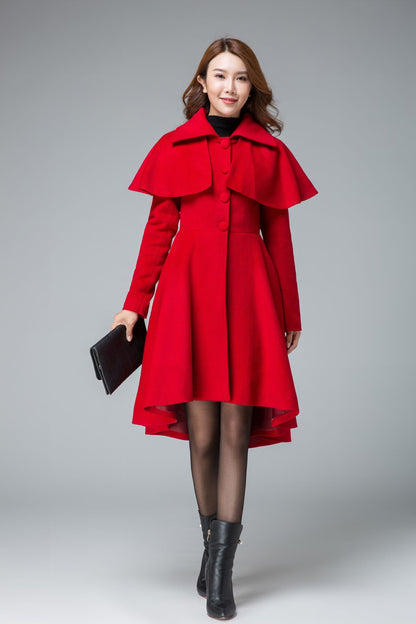 Handmade Red Wool Cape Coat – Vintage High-Low Winter Overcoat with Detachable Cape | Xiaolizi 1848