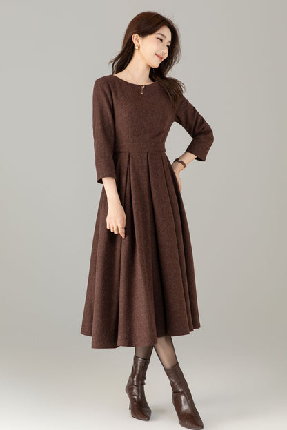 Vintage Wool Blend Midi Dress – Handmade Fit and Flare Winter Dress with Pockets | Xiaolizi 6495