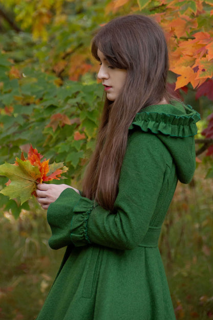 Green Wool Hooded Swing Coat - Ruffled Trim High-Low Hem | Xiaolizi 4046