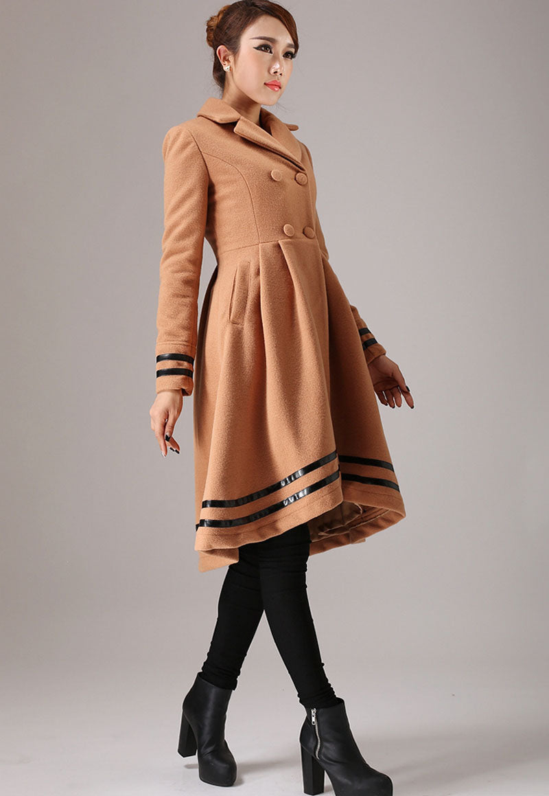 Handmade Camel Wool Blend Coat – Vintage Drop Hem Winter Overcoat with Black Trim | Xiaolizi 0757