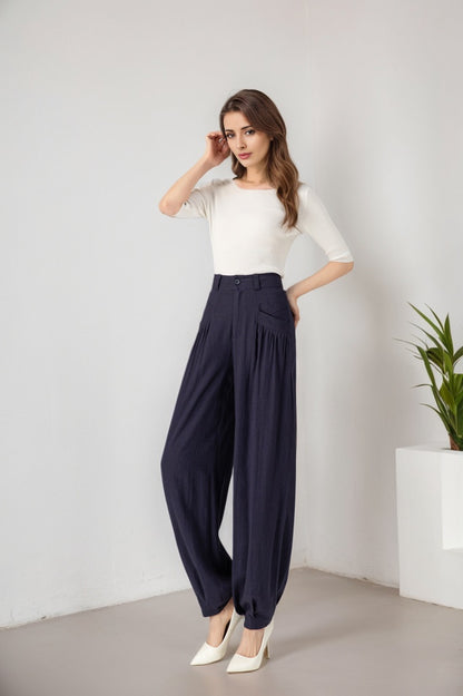 Navy loose fitting wide leg linen pants Handmade by Xiaolizi 5914