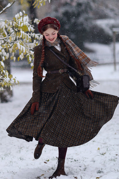 Brown Plaid Wool Midi Skirt – Vintage High Waist Circle Skirt with Pockets 4781