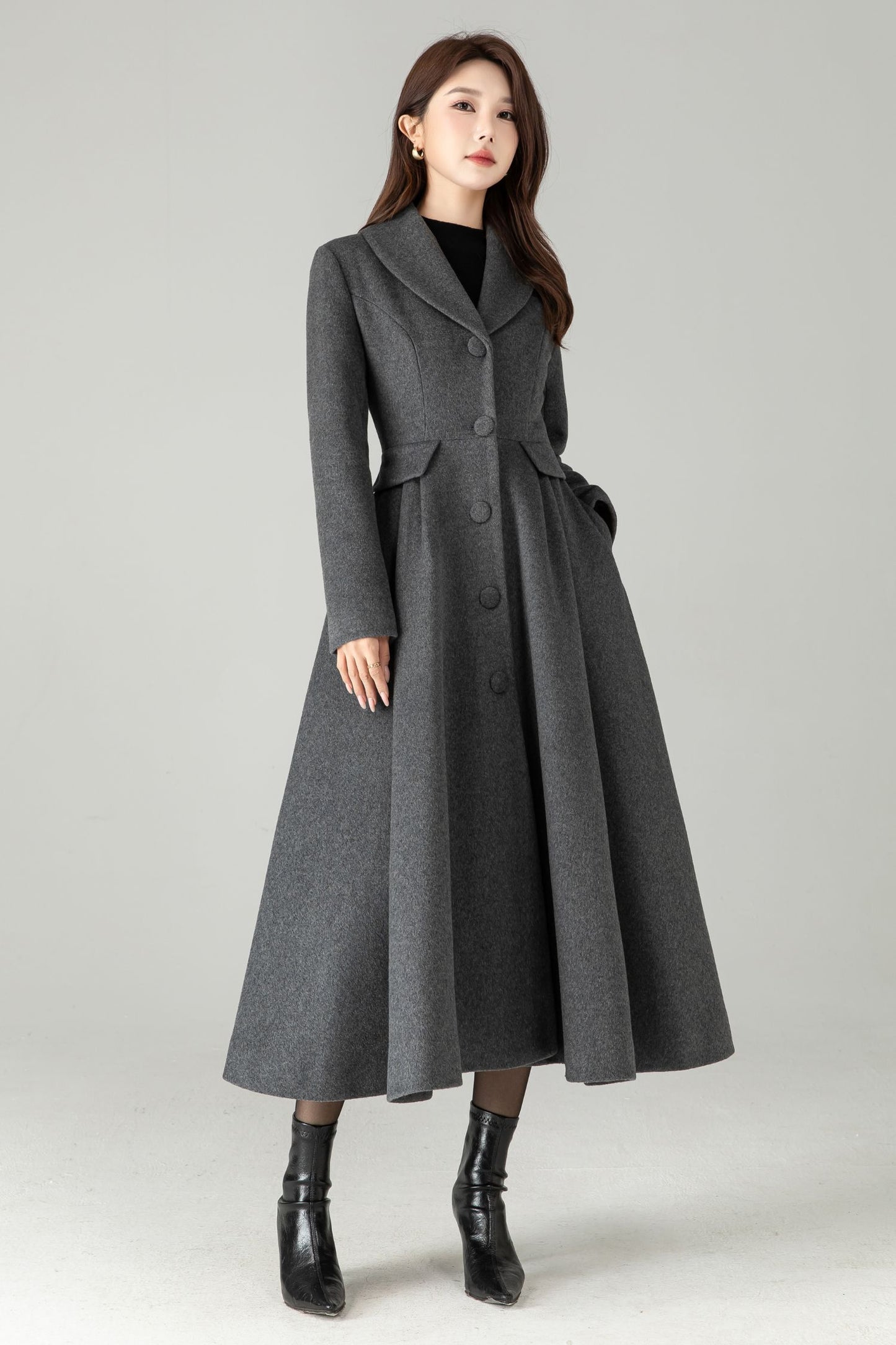 Gray Wool Maxi Coat – Single-Breasted Fit & Flare Long Winter Coat | Xiaolizi 6571