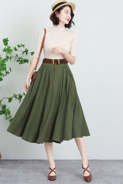 Army Green Linen Blend Midi Skirt - High-Waisted A-Line Swing 5729