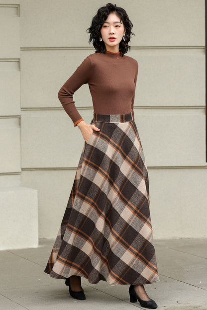 Plaid Wool A-Line Skirt – Brown Check Midi/Ankle Length, Handmade | Xiaolizi 6419