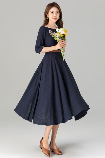 Navy Blue Linen Midi Dress – Vintage Boat Neck Fit & Flare Dress with Pockets | Xiaolizi 4906