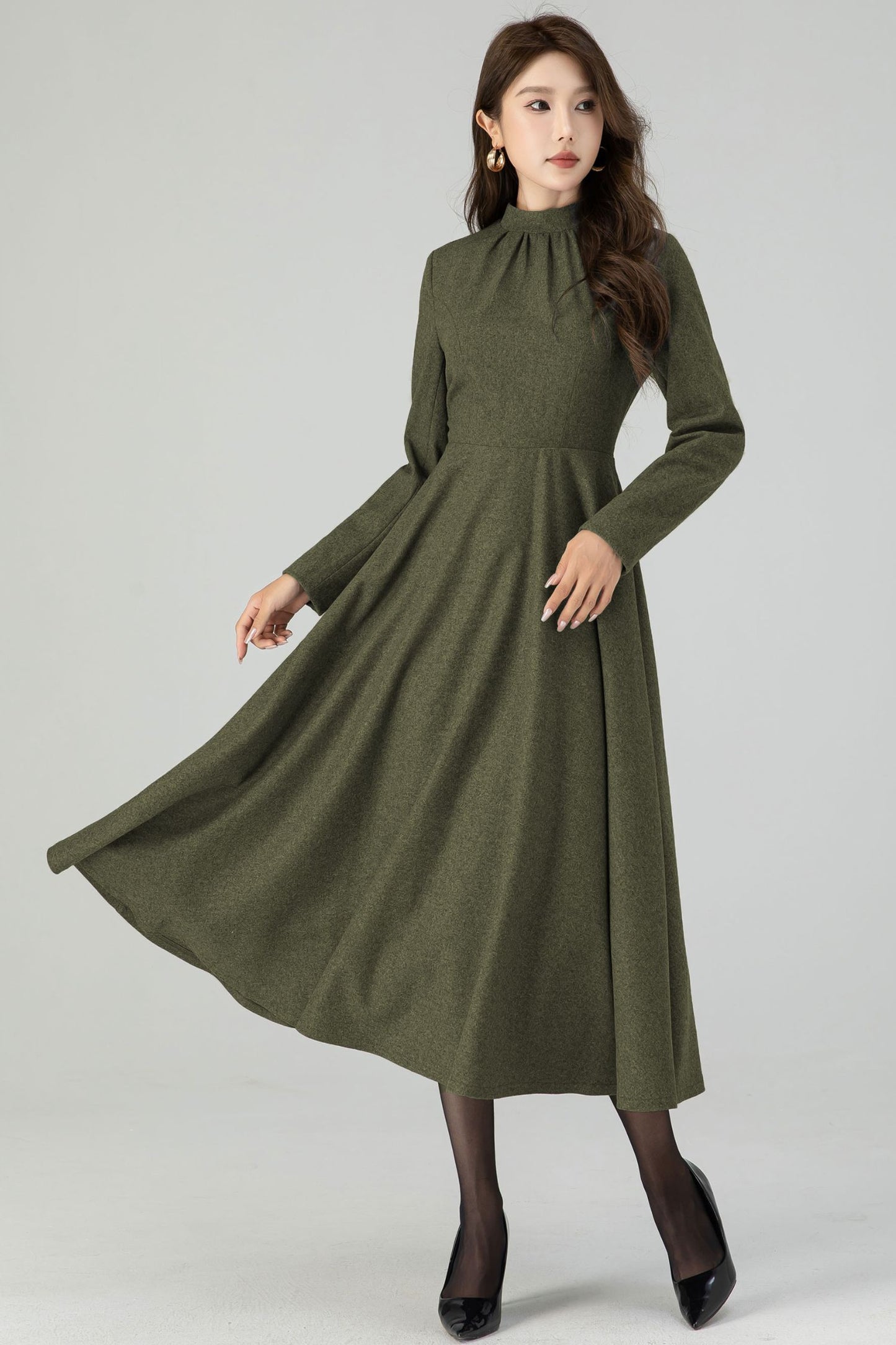 Retro army green swing wool dress 5441