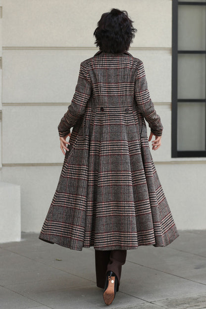 Plaid Wool Coat - Vintage Inspired Fit and Flare Long Double Breasted 6529