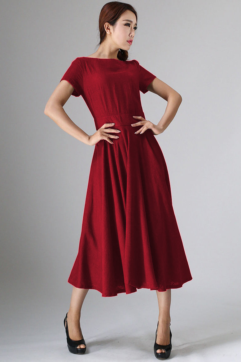 Xiaolizi Red Linen Midi Dress – Vintage Boat Neck Fit and Flare Dress 6284