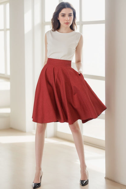 Red Linen Cotton Skater Skirt - High Waist Full Circle Knee Length 5138