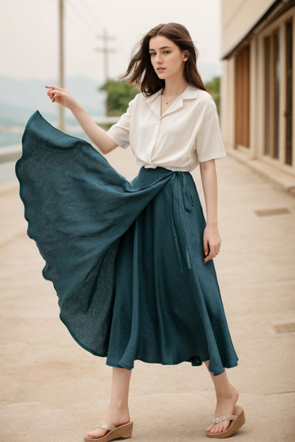 Green swing wrap midi linen skirt women 5137