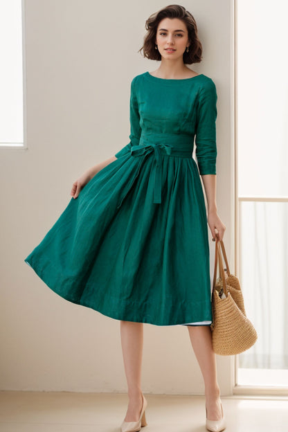 Emerald Green Linen Dress - Fit and Flare A-Line Midi 5067
