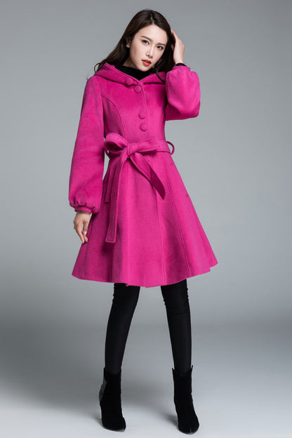 Hooded swing wool coat with tie belt waist 1647