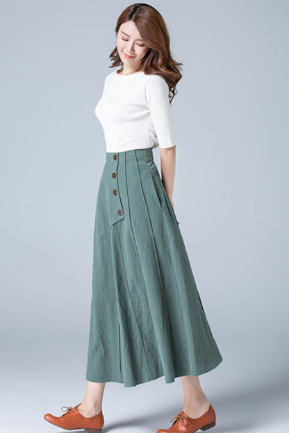 Green Linen Maxi Skirt - A-Line with Button Detail 1775
