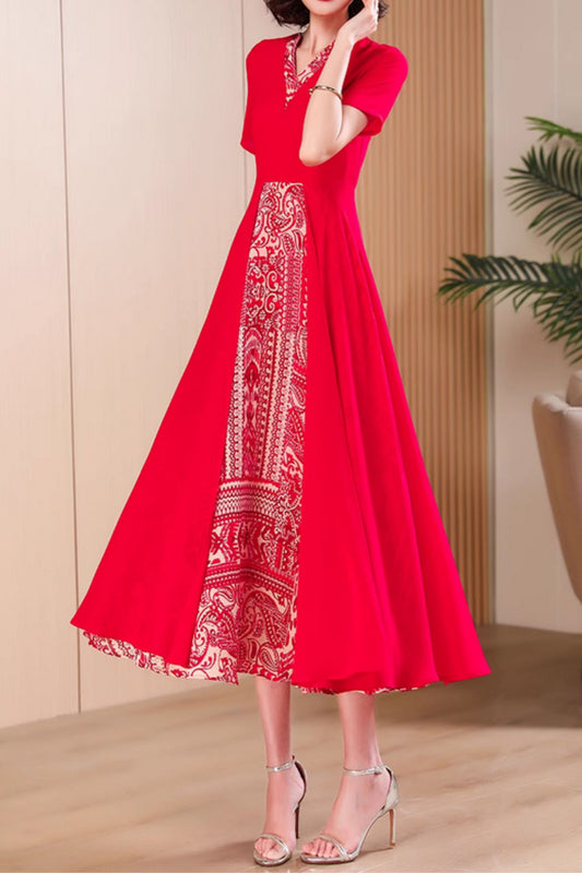 Red midi patchwork summer chiffon dress 5046