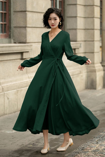 Handmade Linen Cotton Wrap Midi Dress – Vintage Elegant V-Neck Swing Dress 6300