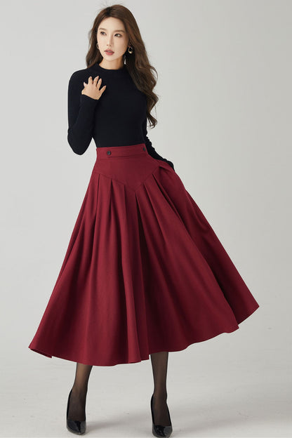 Handmade Wool Blend Skirt – Elegant Wine Red Circle Midi with Pockets 4528