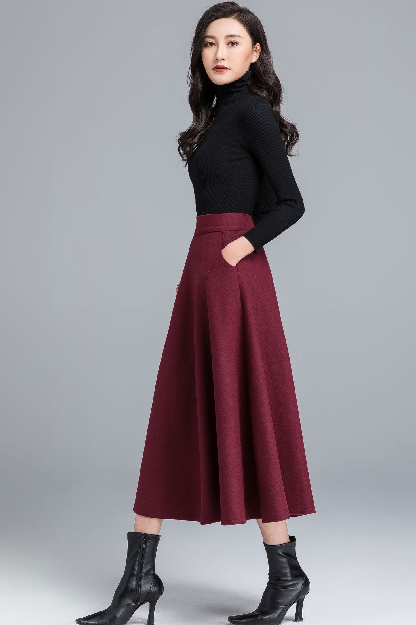 Burgundy Midi Winter Wool Skirt 2490