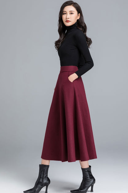Burgundy Wool Midi Skirt – Vintage A-Line Winter Skirt with Pockets 2490