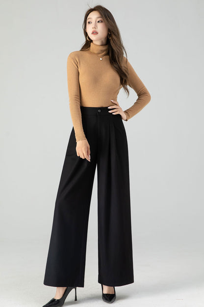 Black wide leg long wool pants women 4555