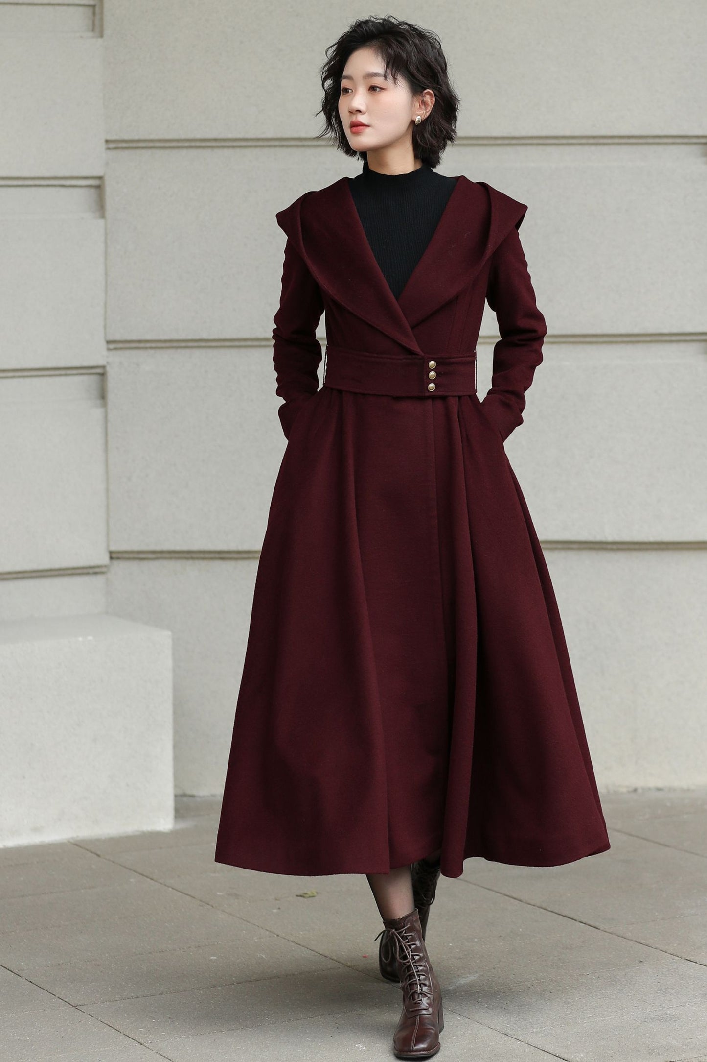 Handmade Hooded Long Wool Coat for Women – Elegant Winter Fashion 6534