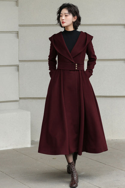 Burgundy Wool Long Coat - Hooded Oversize with Self Belt 6534
