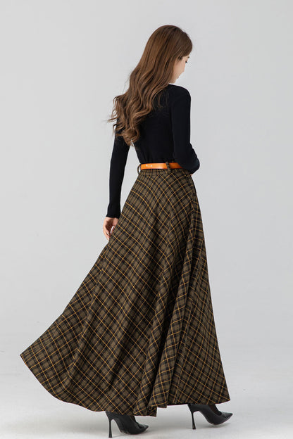 Handmade Brown Plaid Wool Maxi Skirt – High Waist Pleated Winter Long Skirt | Xiaolizi 4666