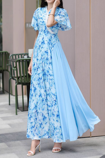 Blue Floral Chiffon Maxi Dress - V-Neck, Short Swing Sleeves 5016
