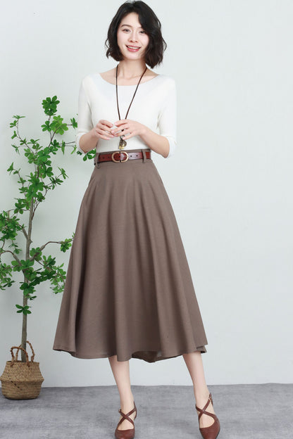 Beige Linen Cotton Midi Skirt - High-Waisted A-Line with Pockets 5740