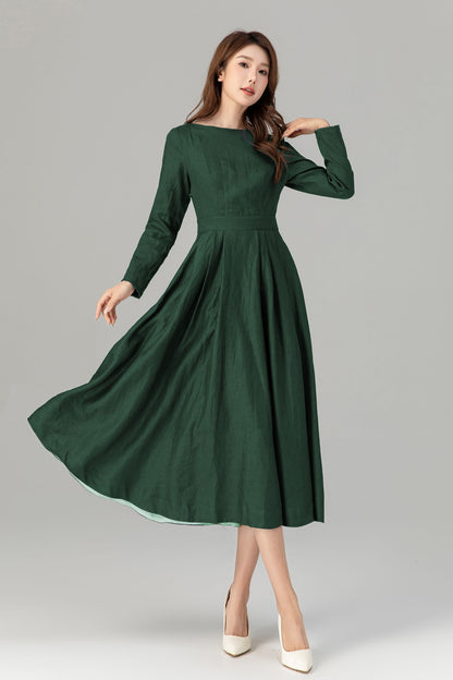 Emerald Green Linen Midi Dress - Fit Flare Pockets | Xiaolizi 5763