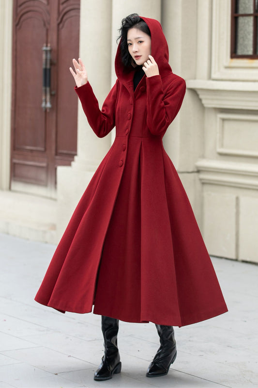 Long swing red winter wool coat women 5346