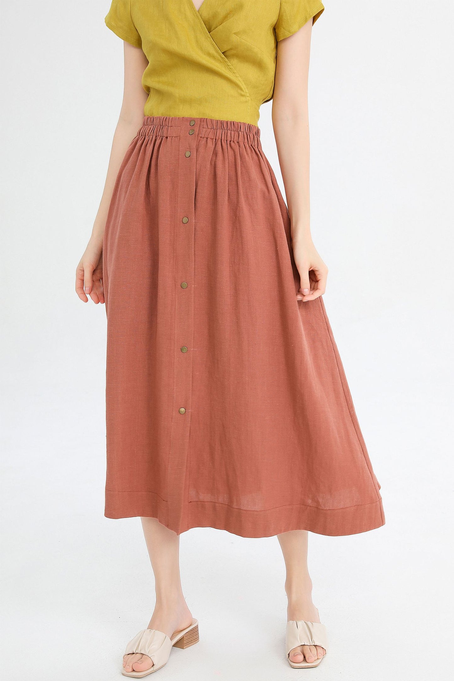 A Line Red Button front Midi Skirt 4236