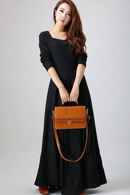 Black Linen Maxi Dress - Square Neckline Pleated Skirt 793