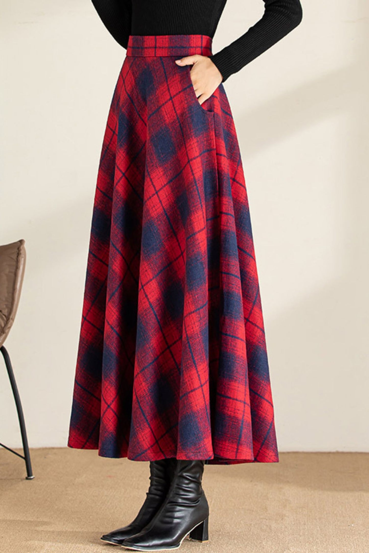Maxi plaid winter long wool skirt 6200