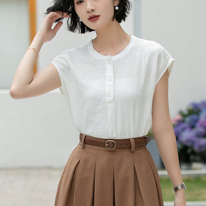 White Linen Blouse - Vintage Button Front with Subtle Ruffle Neckline 5992