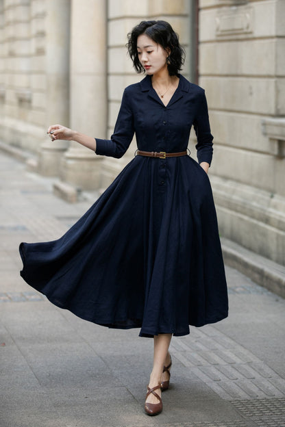 Navy Linen Shirt Dress for Women, Xiaolizi Belted A-Line Dress 6708